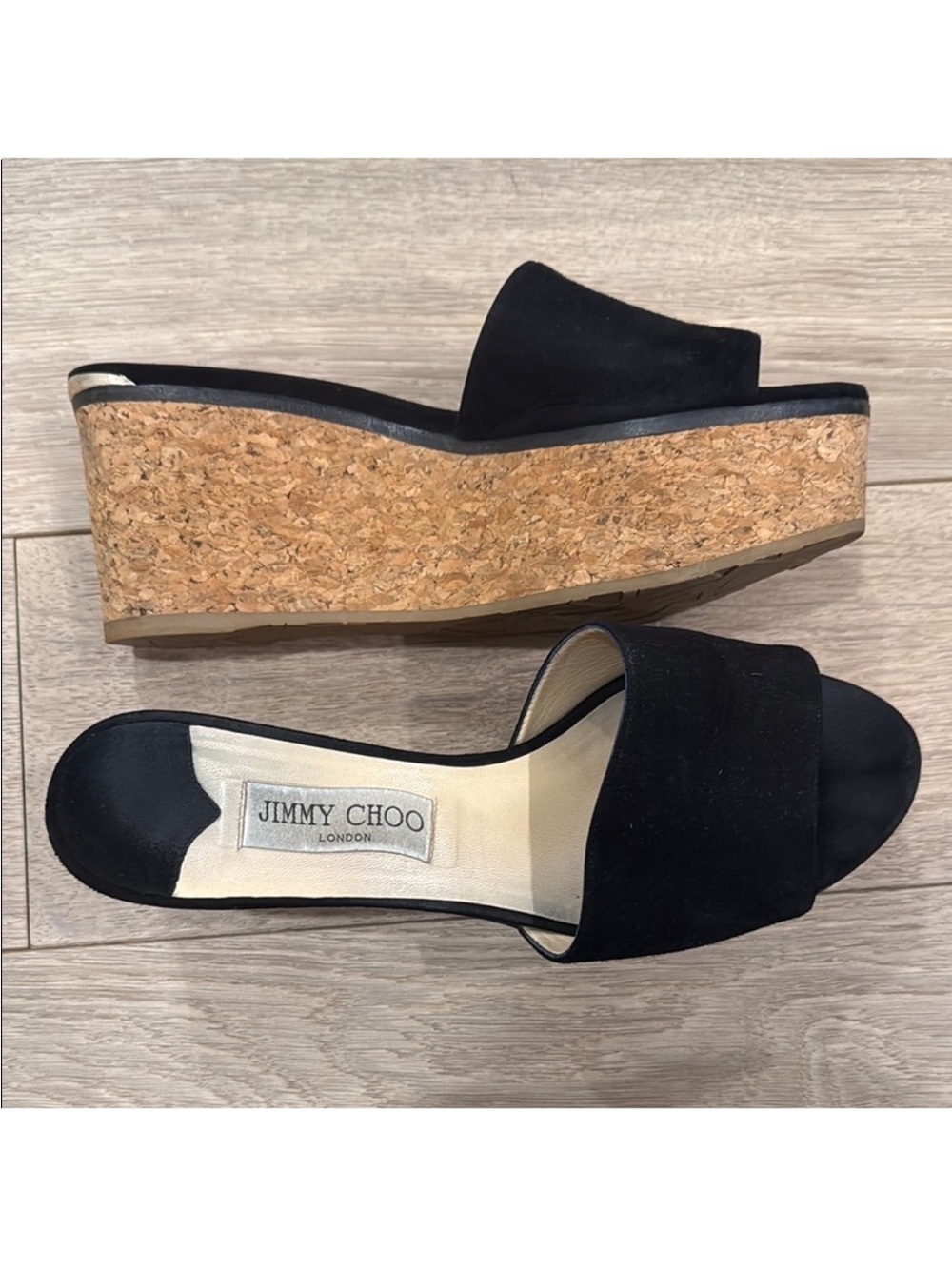 Jimmy Choo Black Suede Cork Platform Slide Sandals